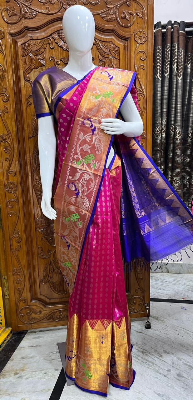 Yellow and Blue mangalagiri Pattu saree