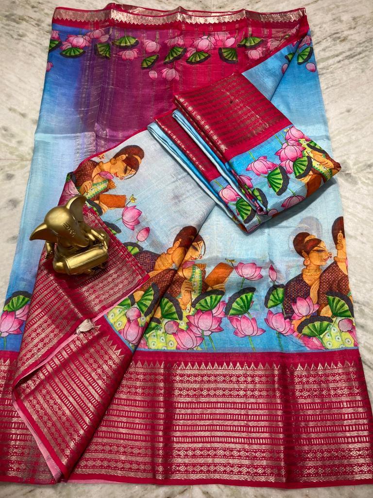 Mangalagiri pure pattu by cotton zari border digital print work saree