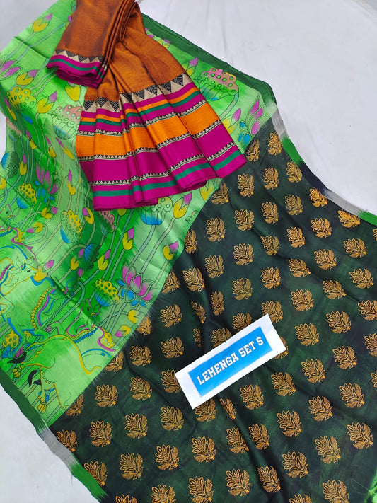 Mangalgiri cotton & pattu printed voni plain lehenga sets