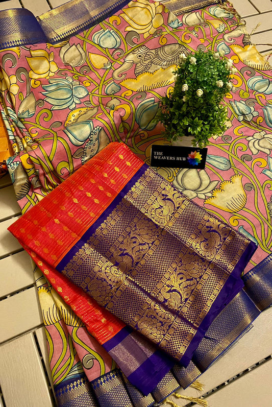 Mangalgiri Kuppadam Pattu Lehenga With Hand-Painted Pen Kalamkari Dupatta