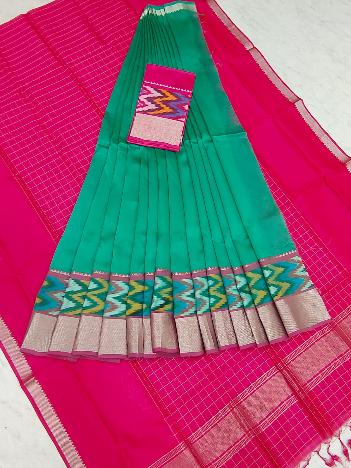 Mangalgiri pattu pochampalli silver zari border half saree material