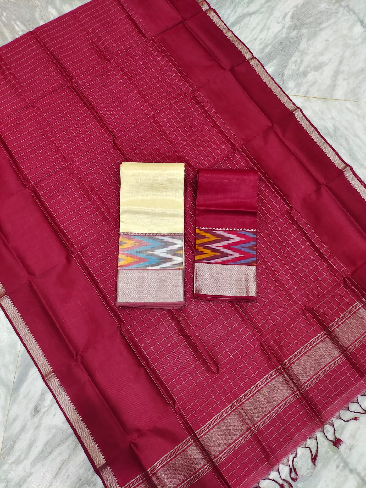 Mangalgiri pattu pochampalli silver zari border half saree material
