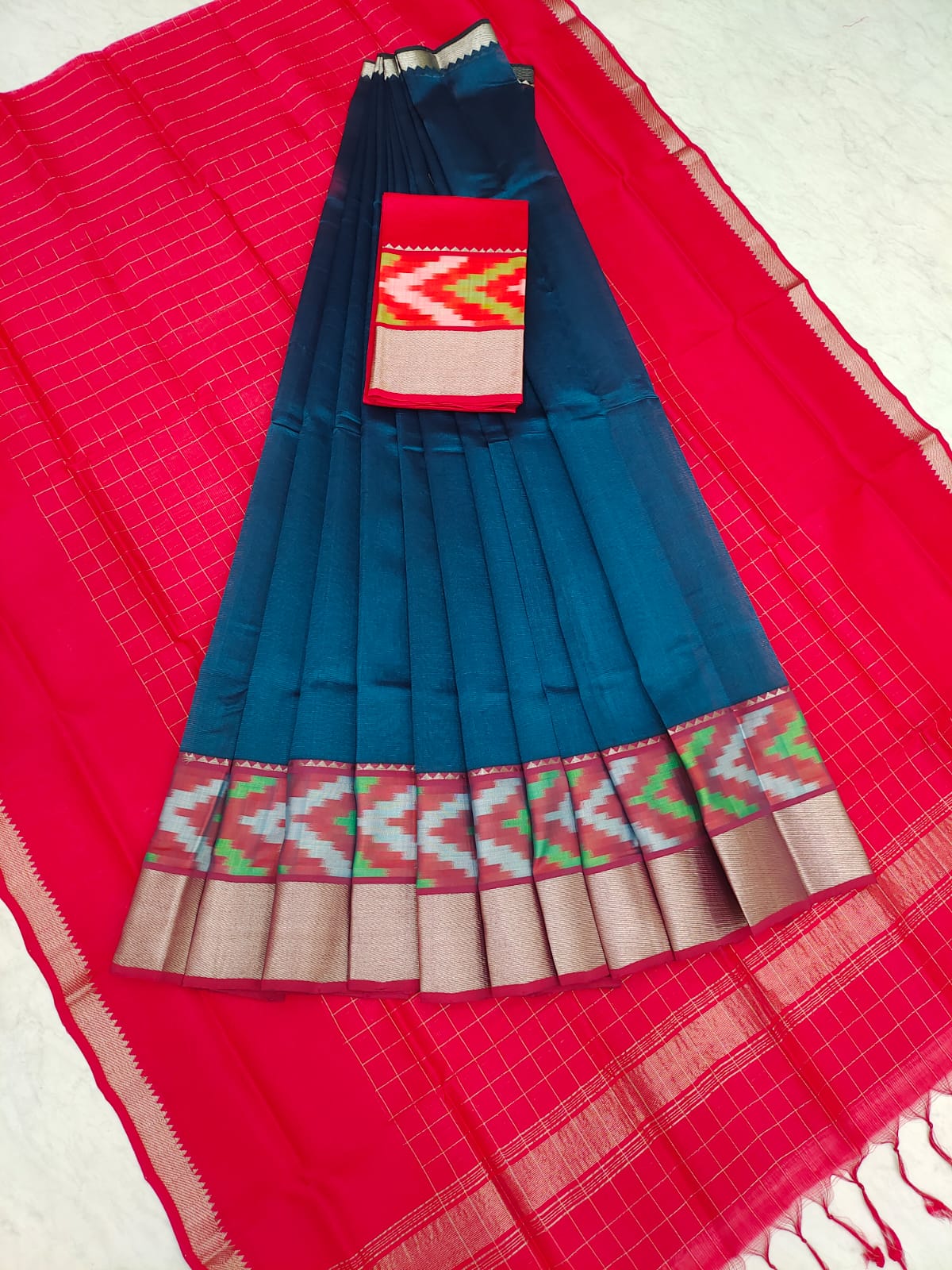 Mangalgiri pattu pochampalli silver zari border half saree material