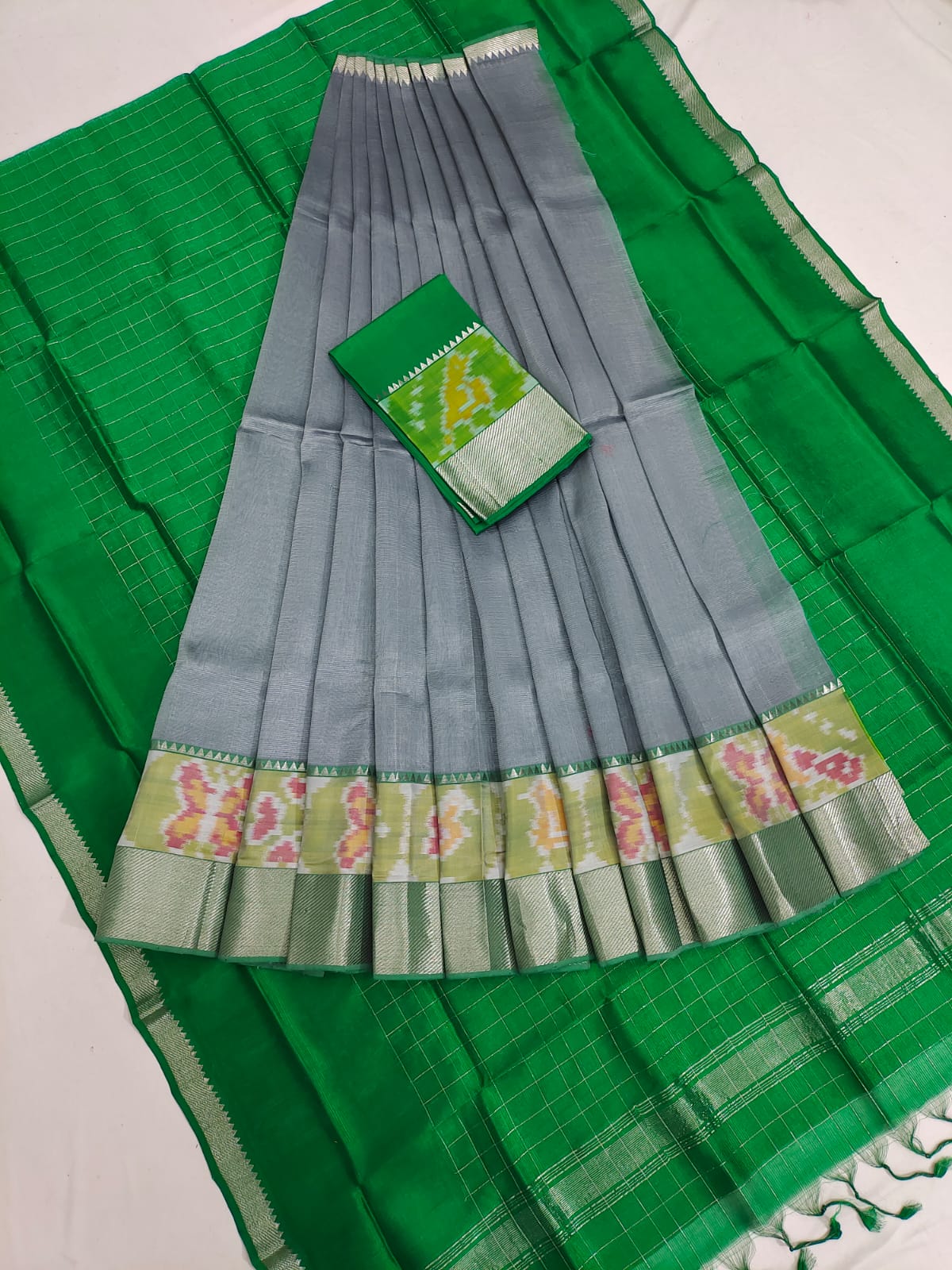 Mangalgiri pattu pochampalli silver zari border half saree material