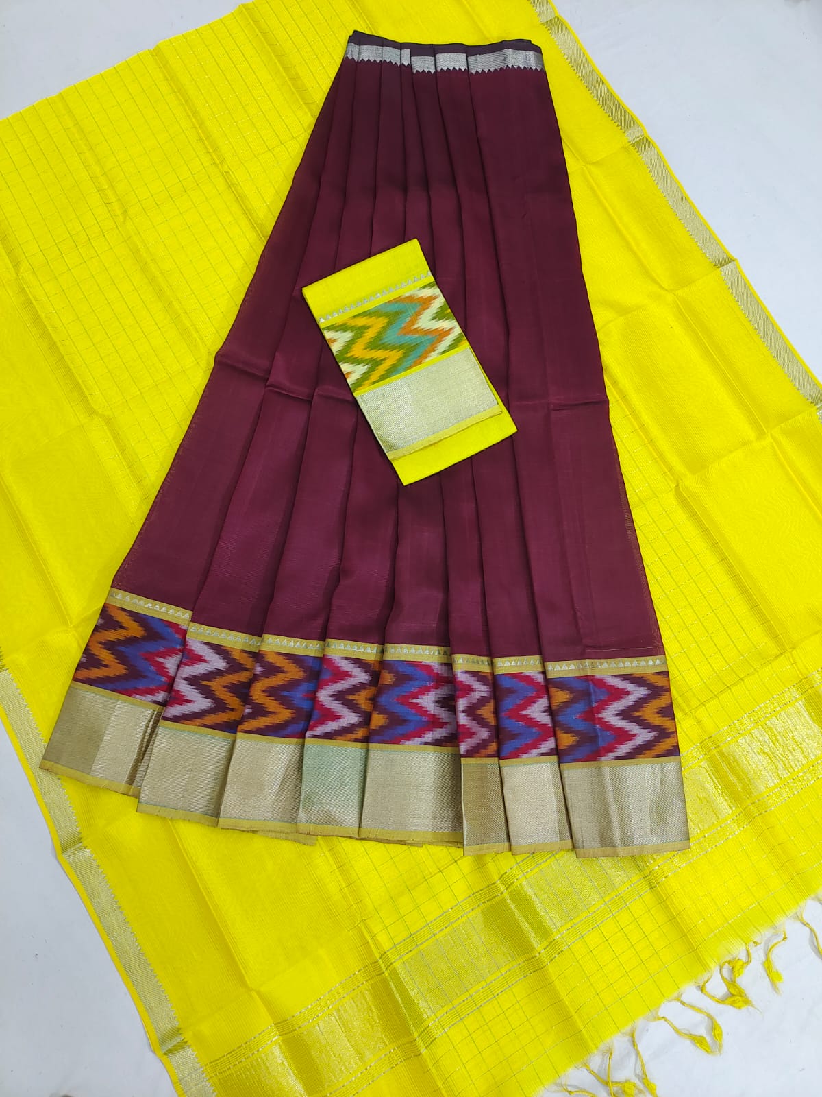 Mangalgiri pattu pochampalli silver zari border half saree material
