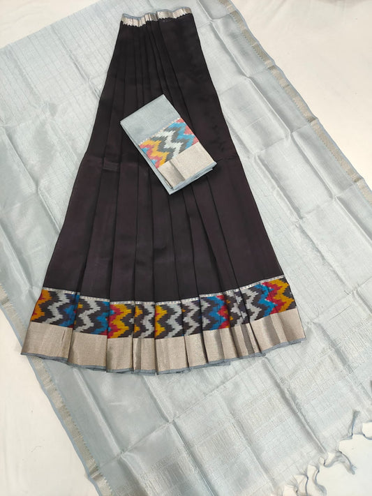 Mangalgiri pattu pochampalli silver zari border half saree material