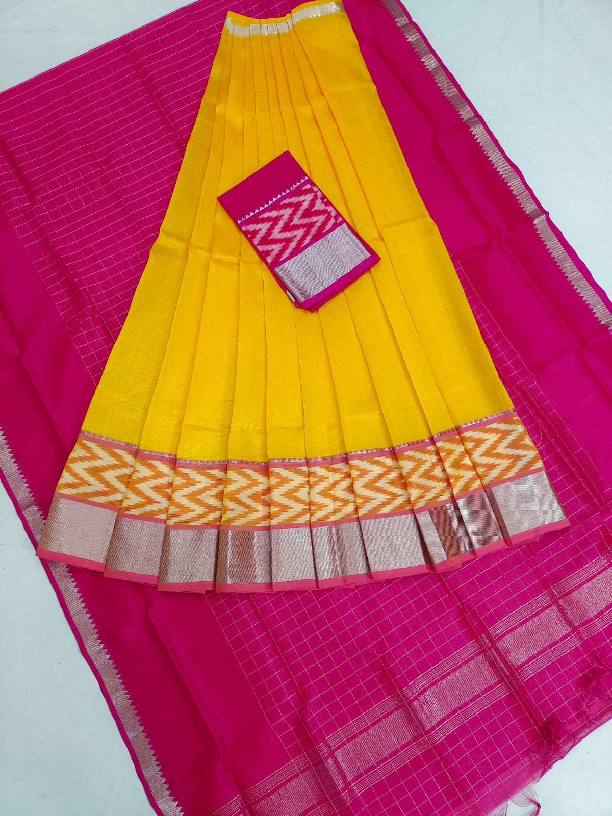 Mangalgiri pattu pochampalli silver zari border half saree material