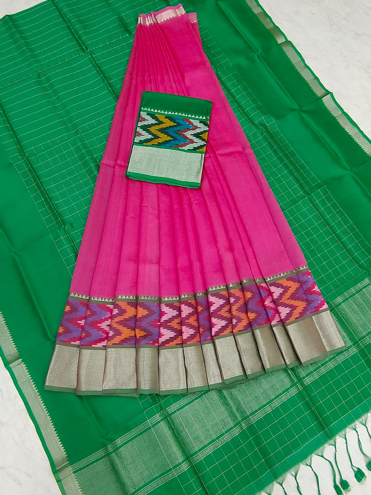 Mangalgiri pattu pochampalli silver zari border half saree material