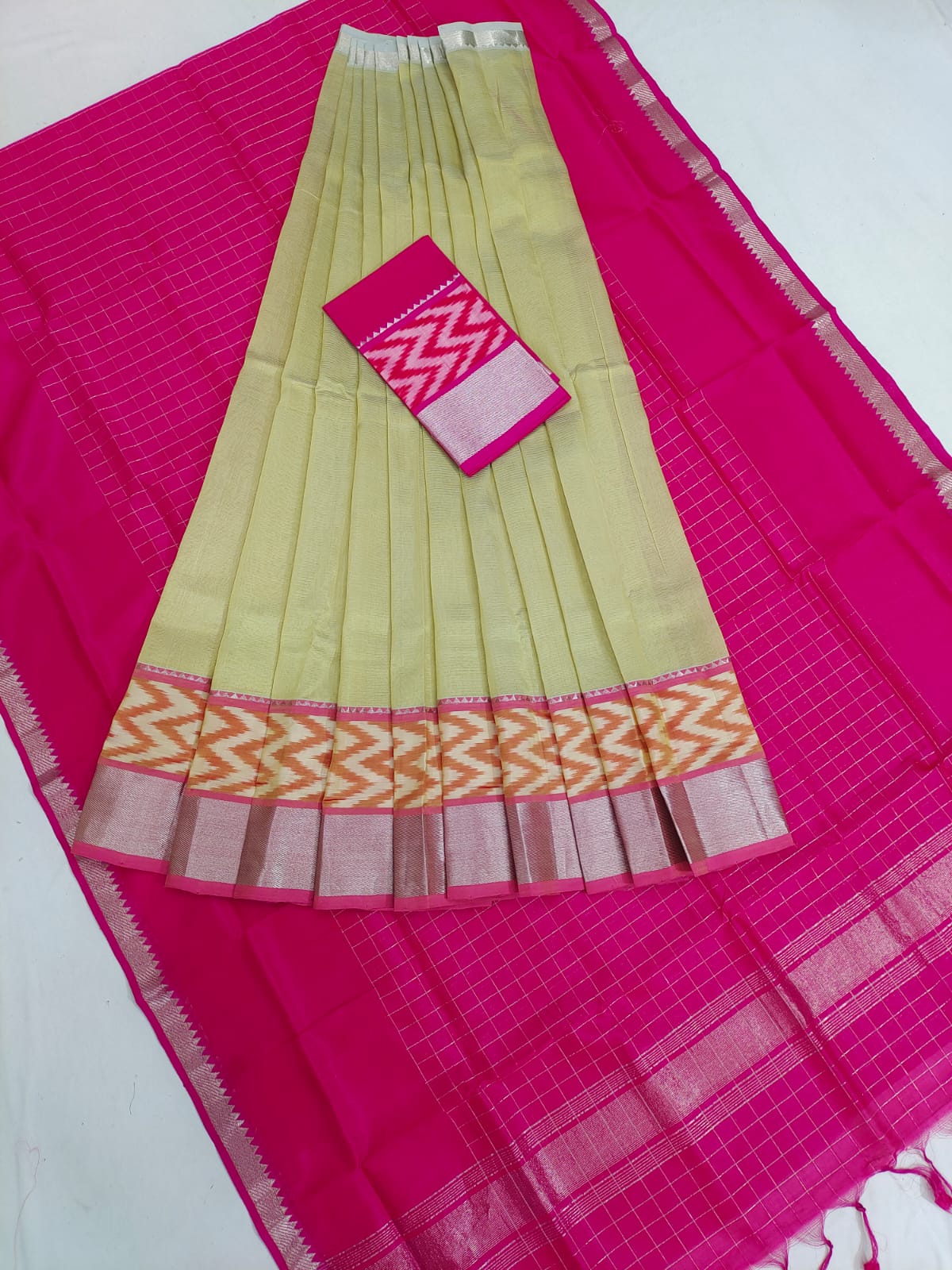 Mangalgiri pattu pochampalli silver zari border half saree material