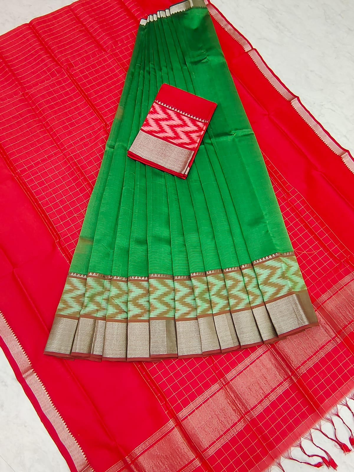 Mangalgiri pattu pochampalli silver zari border half saree material