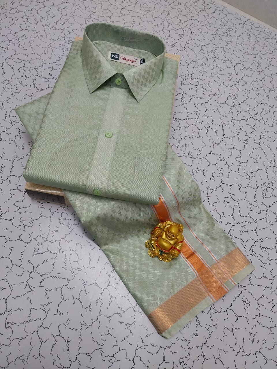 Semi Silk Dhoti Shirt Set – Emboss Pattern