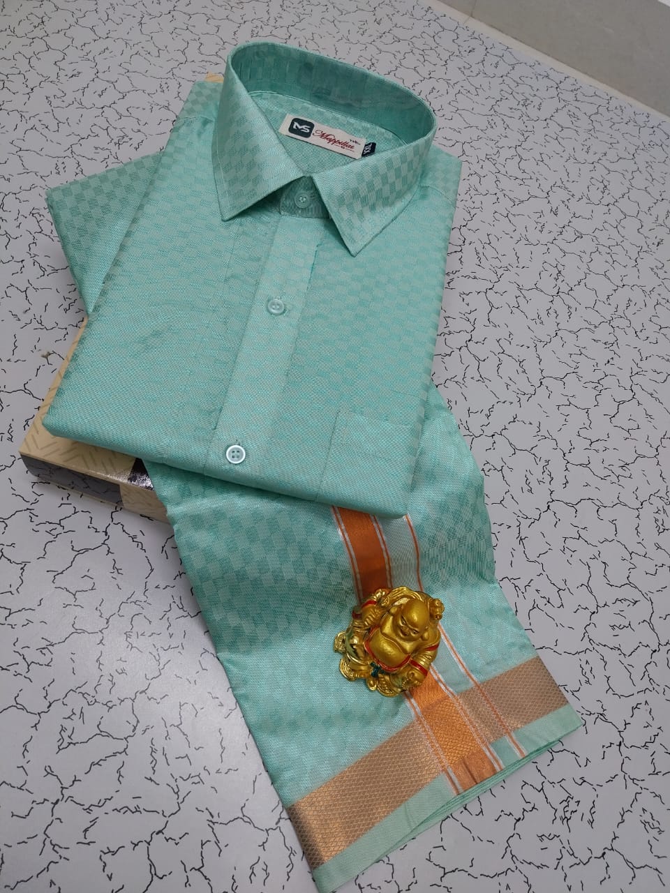Semi Silk Dhoti Shirt Set – Emboss Pattern