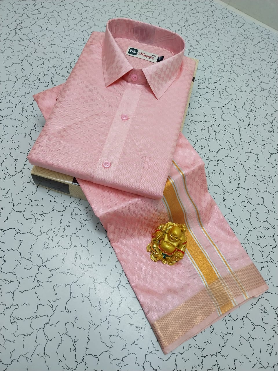 Semi Silk Dhoti Shirt Set – Emboss Pattern