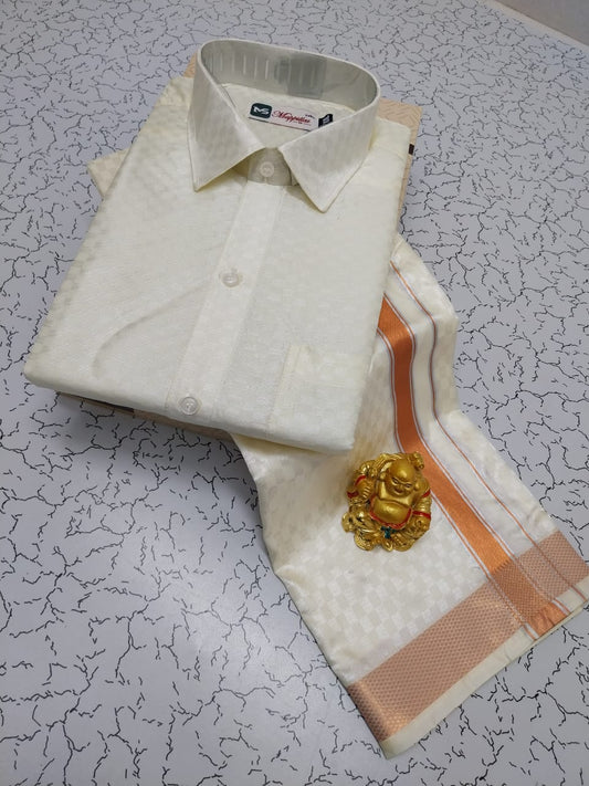 Semi Silk Dhoti Shirt Set – Emboss Pattern