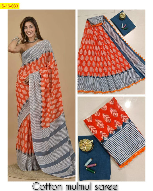 Mulmul Cotton Saree with Handblock Print