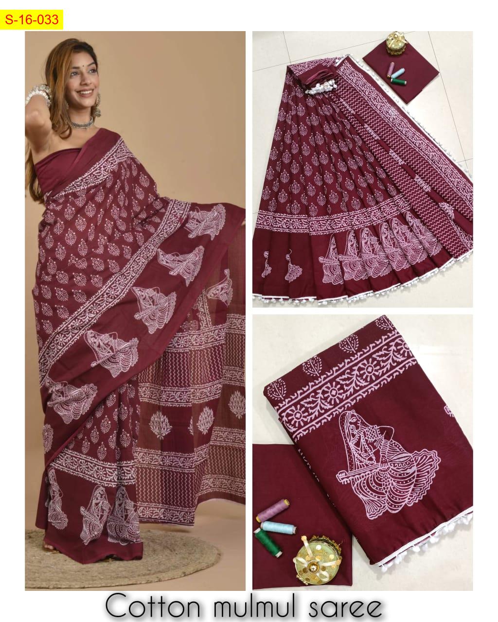 Mulmul Cotton Saree with Handblock Print