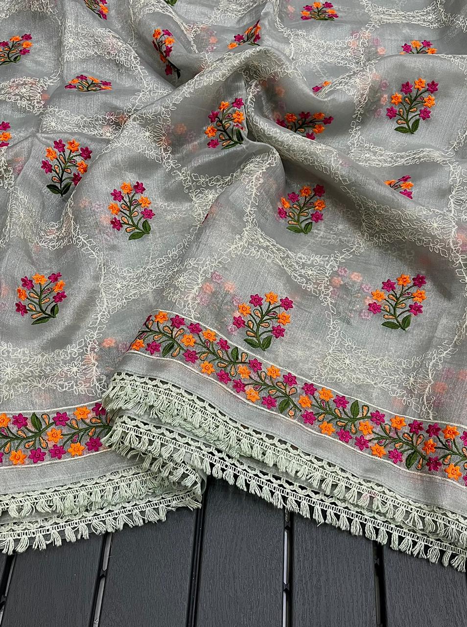 Soft tissue saree with cut work and cross stitch embroidery ✨🌟💛 Dm us for  more details. #riyacollection #saree #softtissue #emb... | Instagram