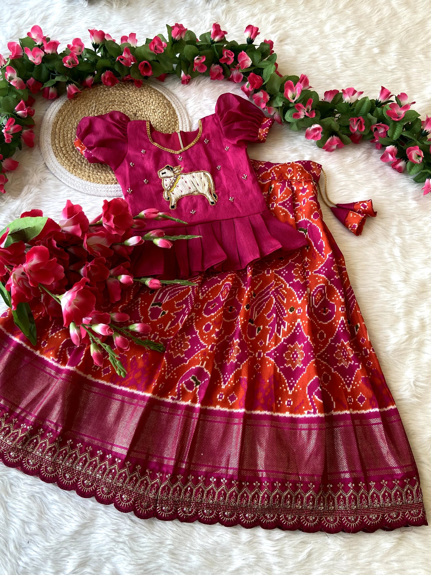 Soft Dola Silk With Foil and Patola Print Pattu Paavadai and Sattai