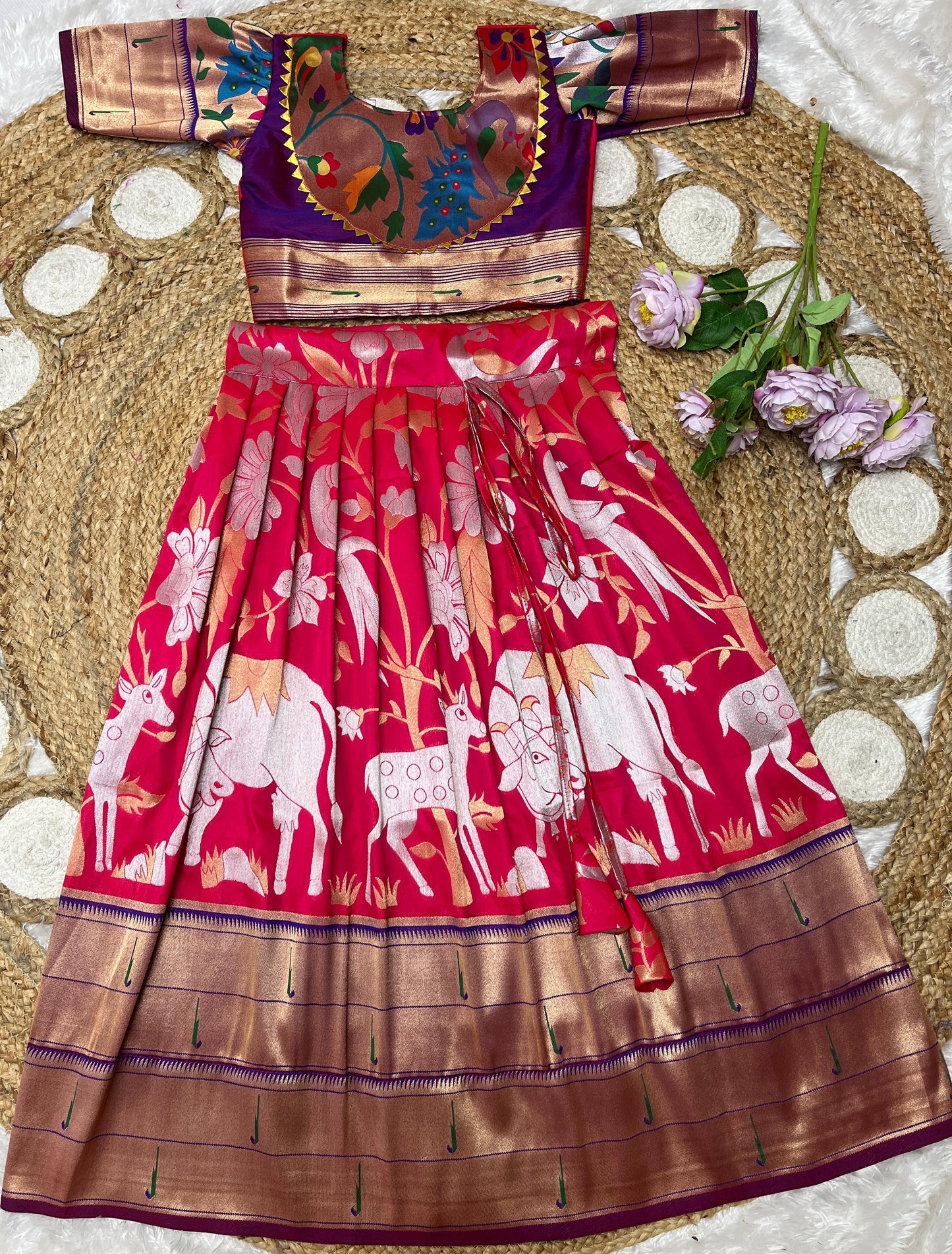 Pichwai Paithani Semi Silk Kids Skirt and Top