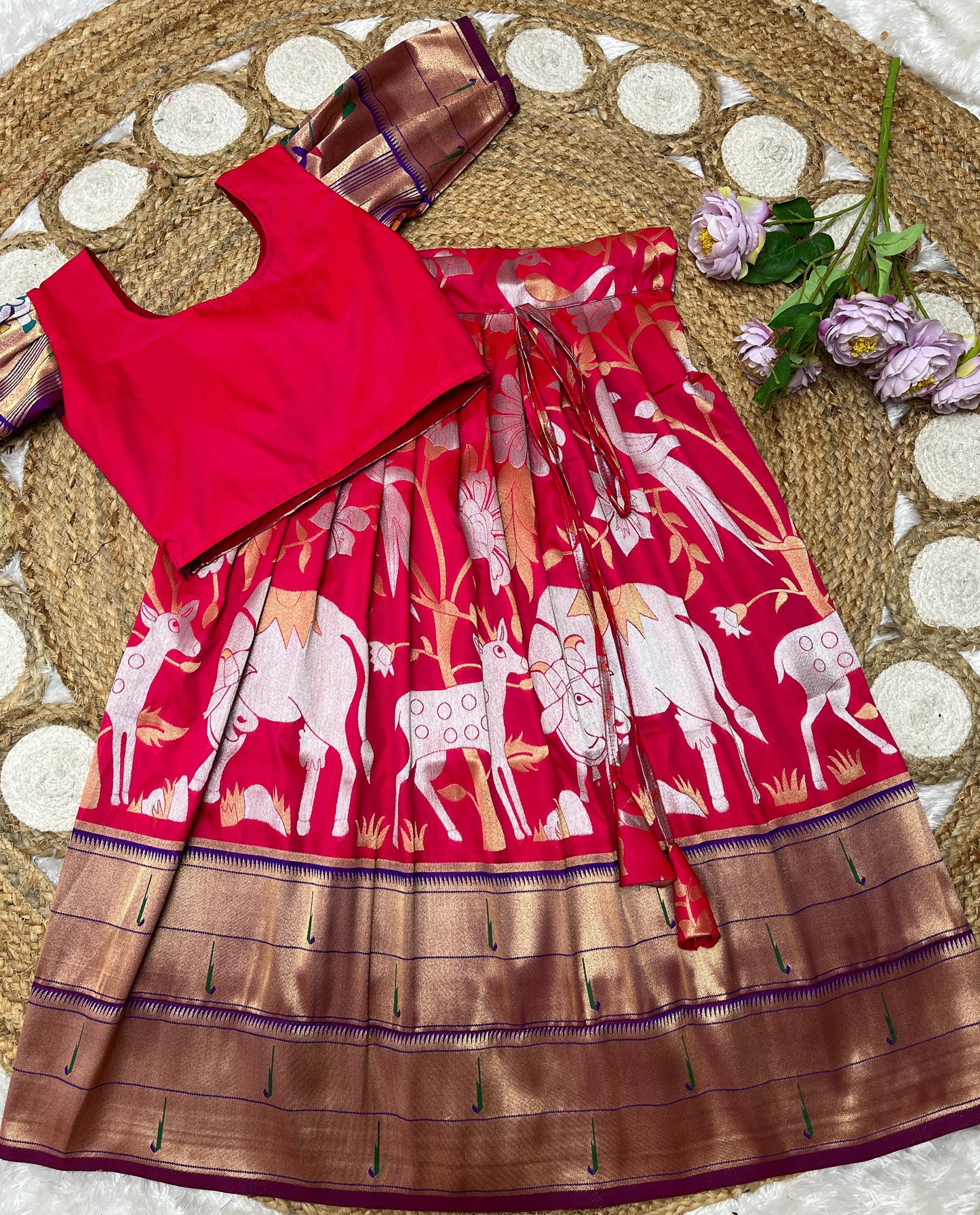 Pichwai Paithani Semi Silk Kids Skirt and Top