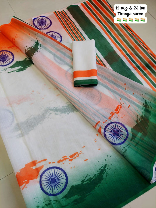 Plain linen digital print tricolor saree