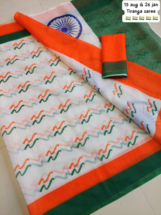 Plain linen digital print tricolor saree