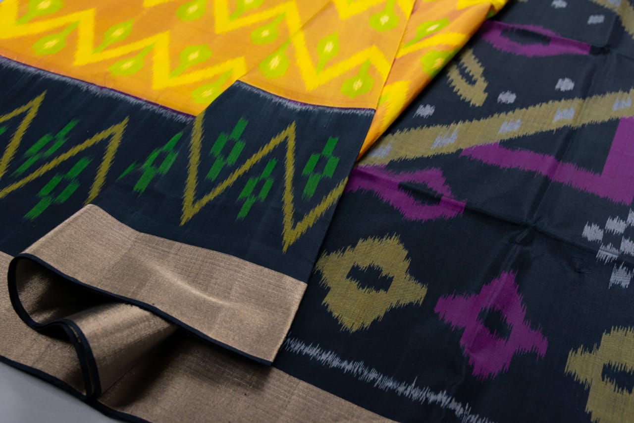 Pochampalli Handloom Yellow With Black Colour Soft Silk Saree
