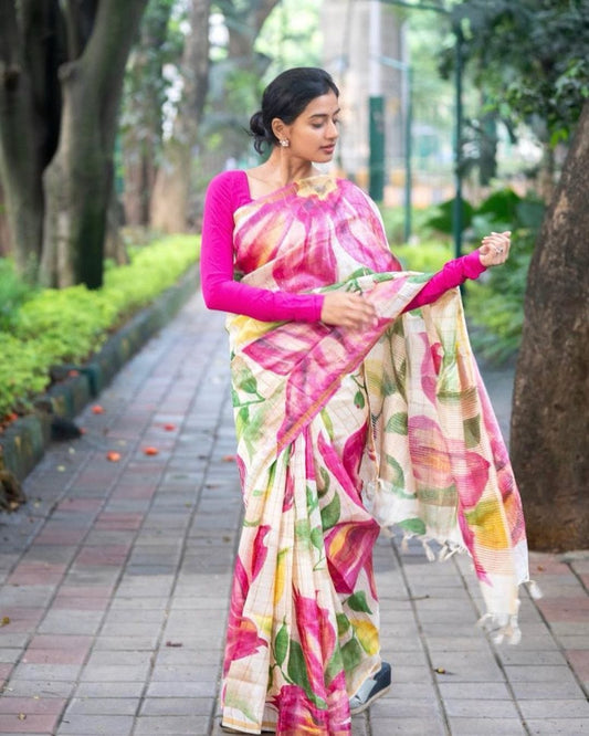 Printed semi tussar silk saree