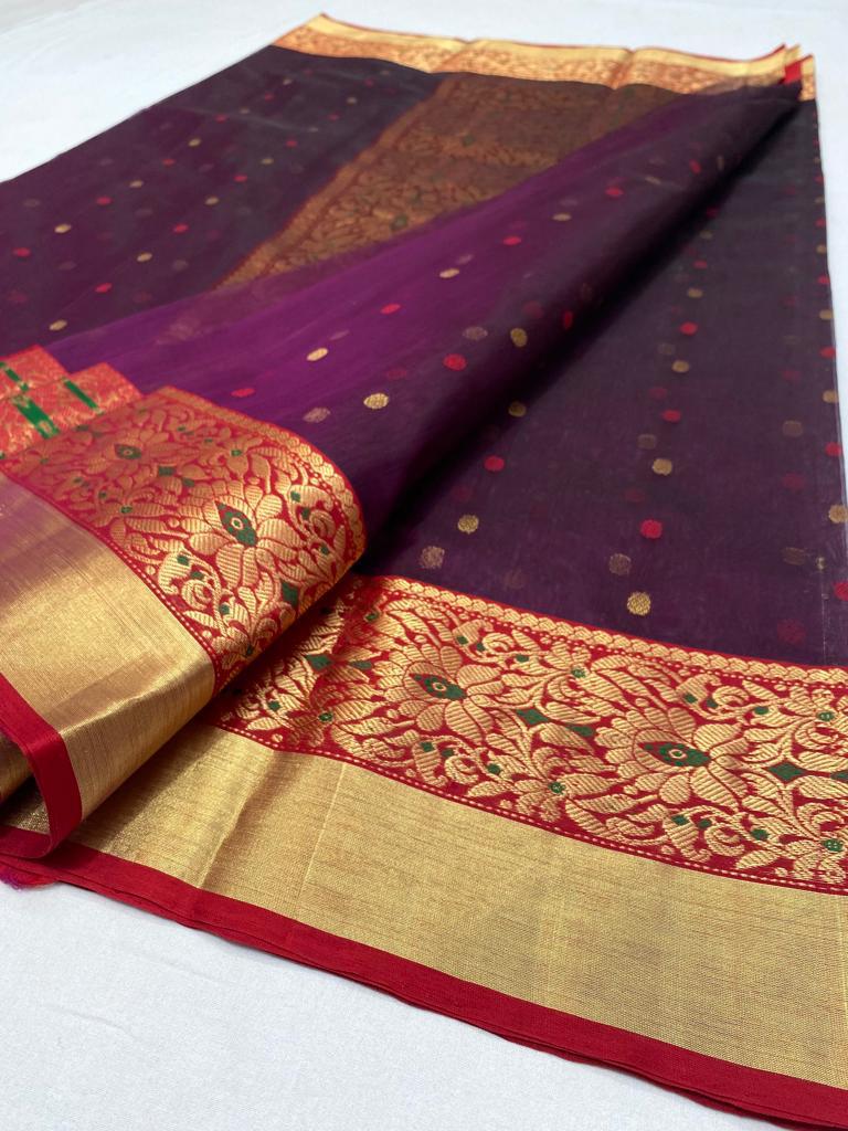 Buy HerClozet Women's Premium Chanderi Handwoven katan Silk Saree with zari  Red Border(Purple Magenta) at Amazon.in