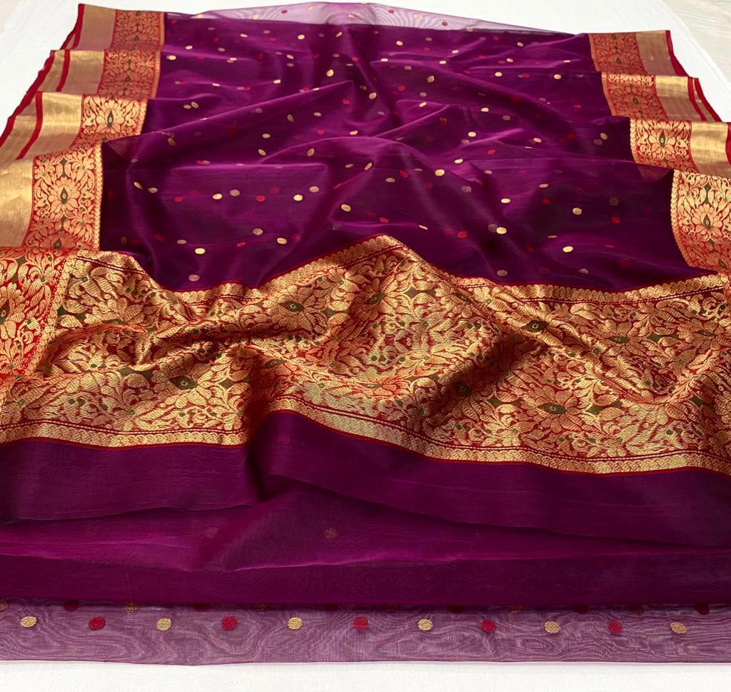 Buy Dark Purple Color Organza Chanderi Katan Silk Saree ZR-795 Online in  India