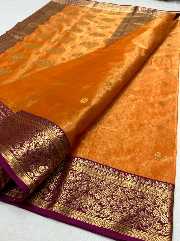 Dual Shade Copper Brown Handloom Chanderi Tissue Saree | Avishya.com