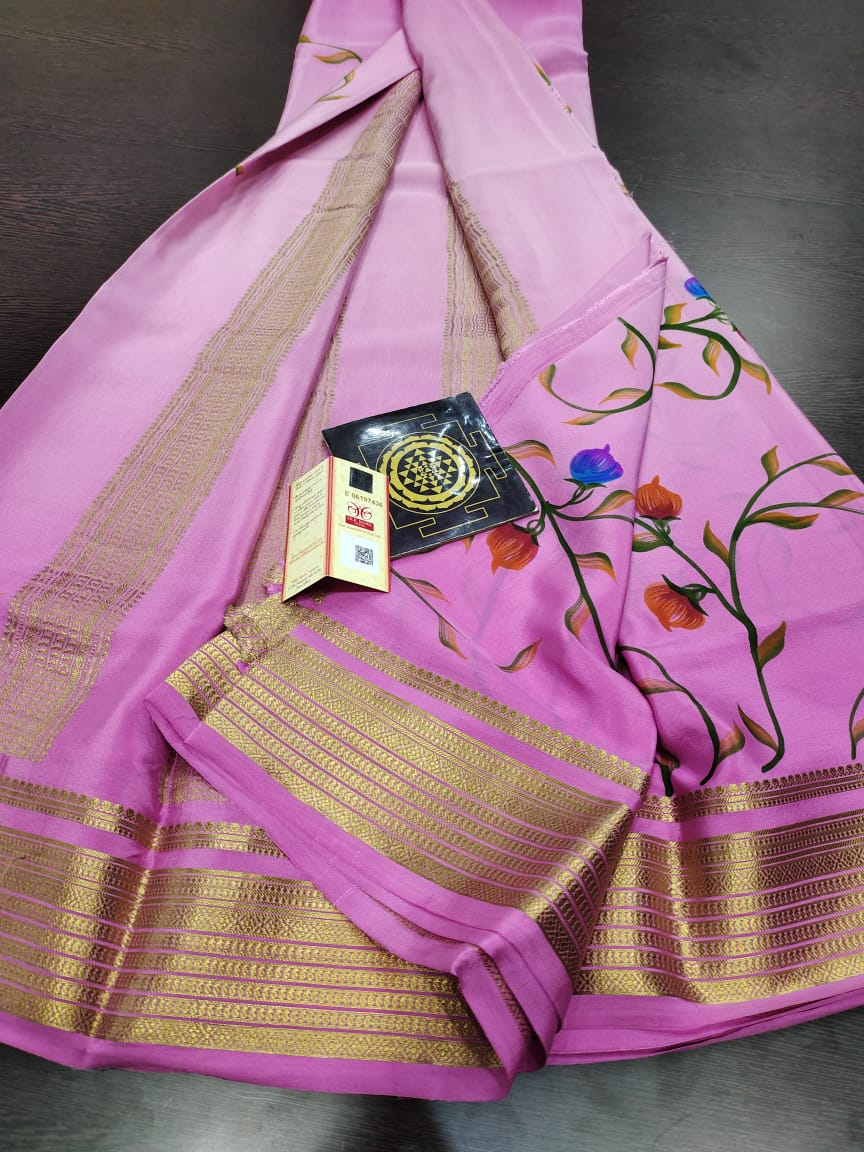 Pure floral shaded hand painted printed crepe mysore silk saree