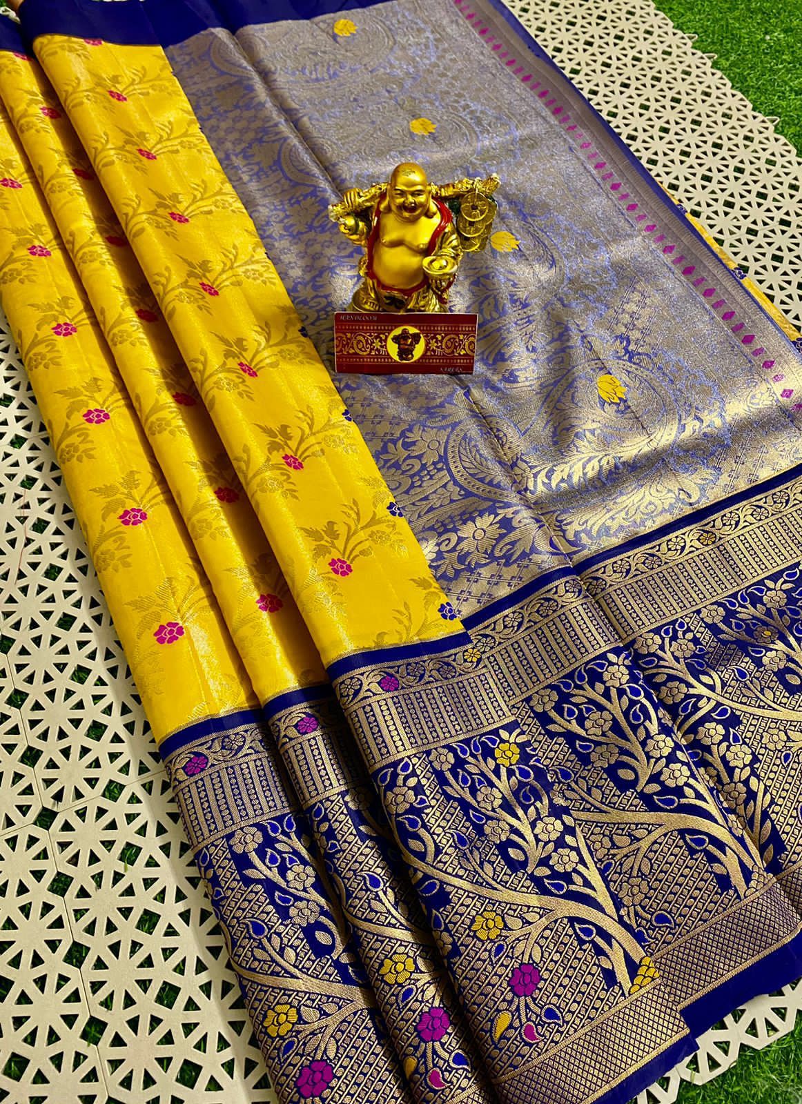 Lemon Yellow and Blue Kubera Pattu/ Semi Silk Saree – Sharvari's