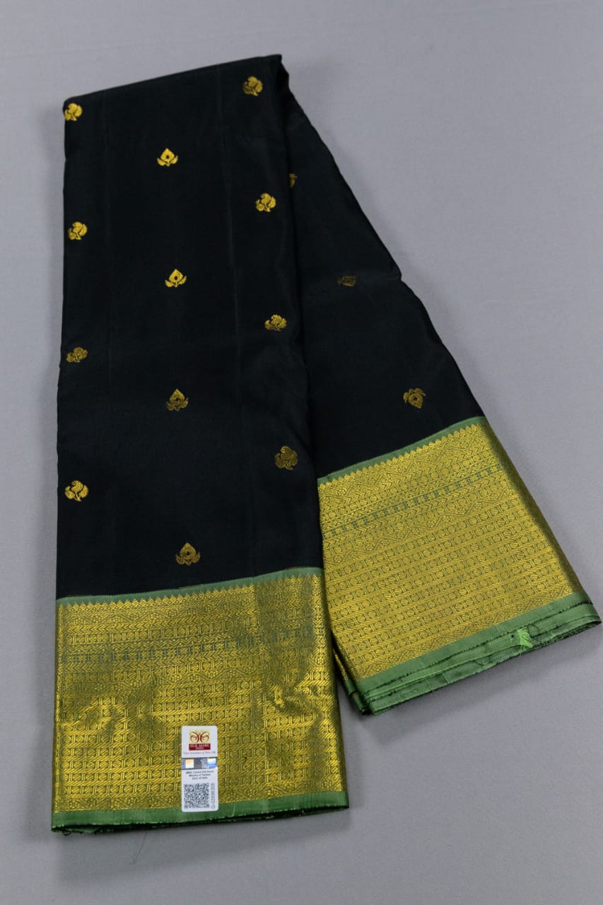 Pure Kanchipuram Black With Green Colour Silk Saree