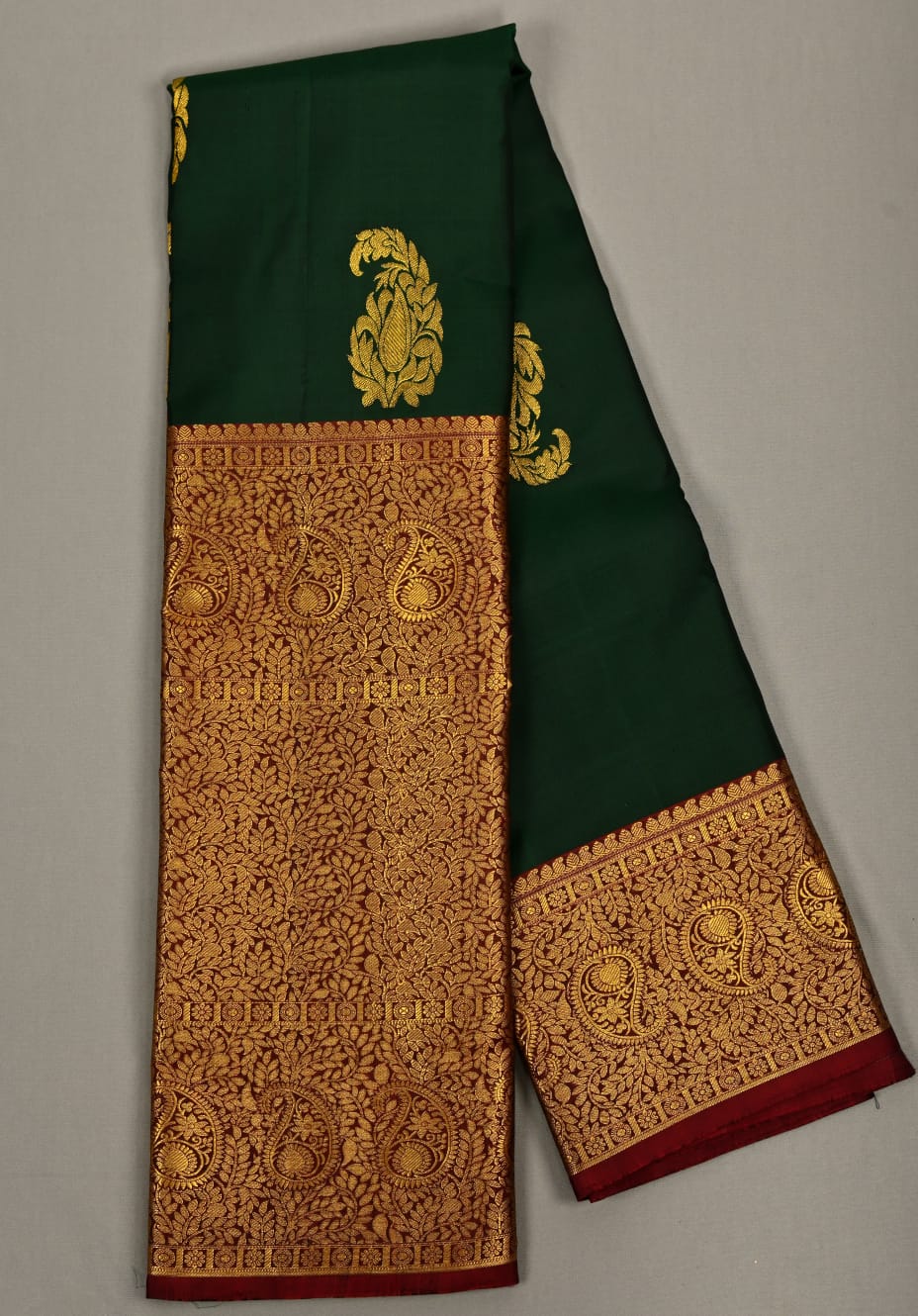 Pure Kanchipuram Bottle Green With Maroon Colour Silk Saree