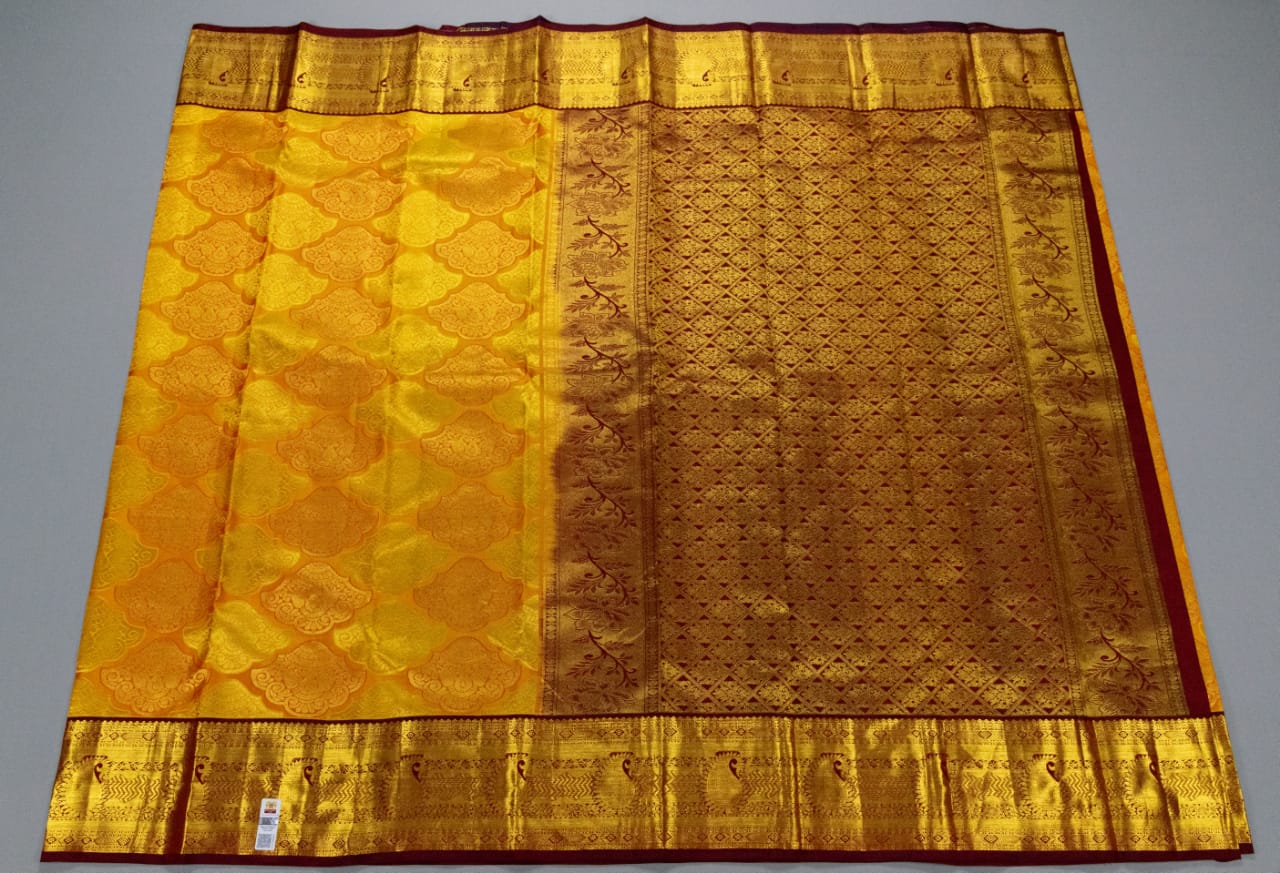 Pure Kanchipuram Mango Yellow With Maroon Colour Saree