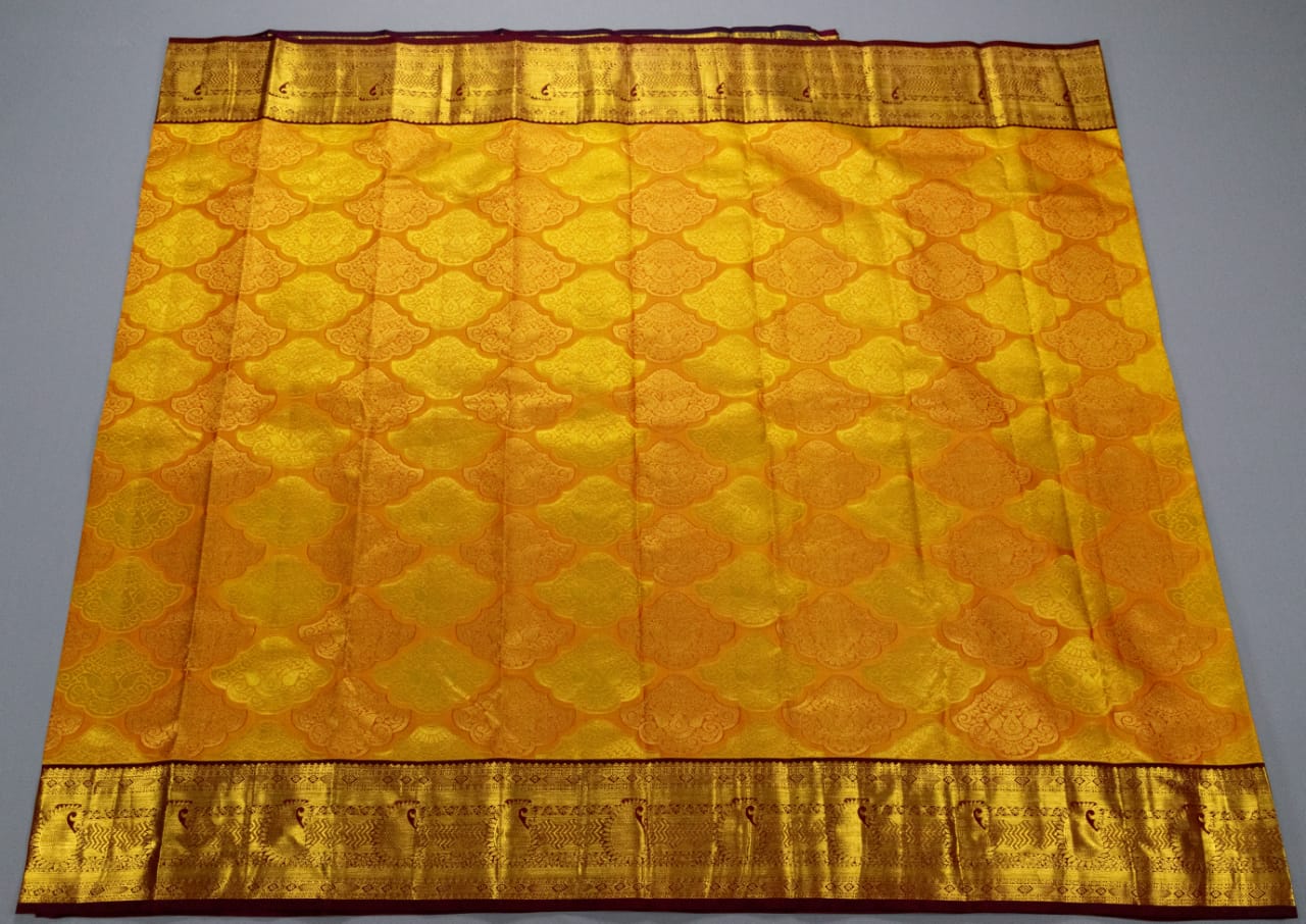 Pure Kanchipuram Mango Yellow With Maroon Colour Saree
