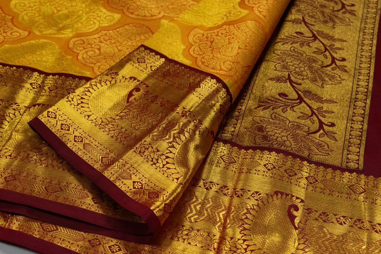 Pure Kanchipuram Mango Yellow With Maroon Colour Saree