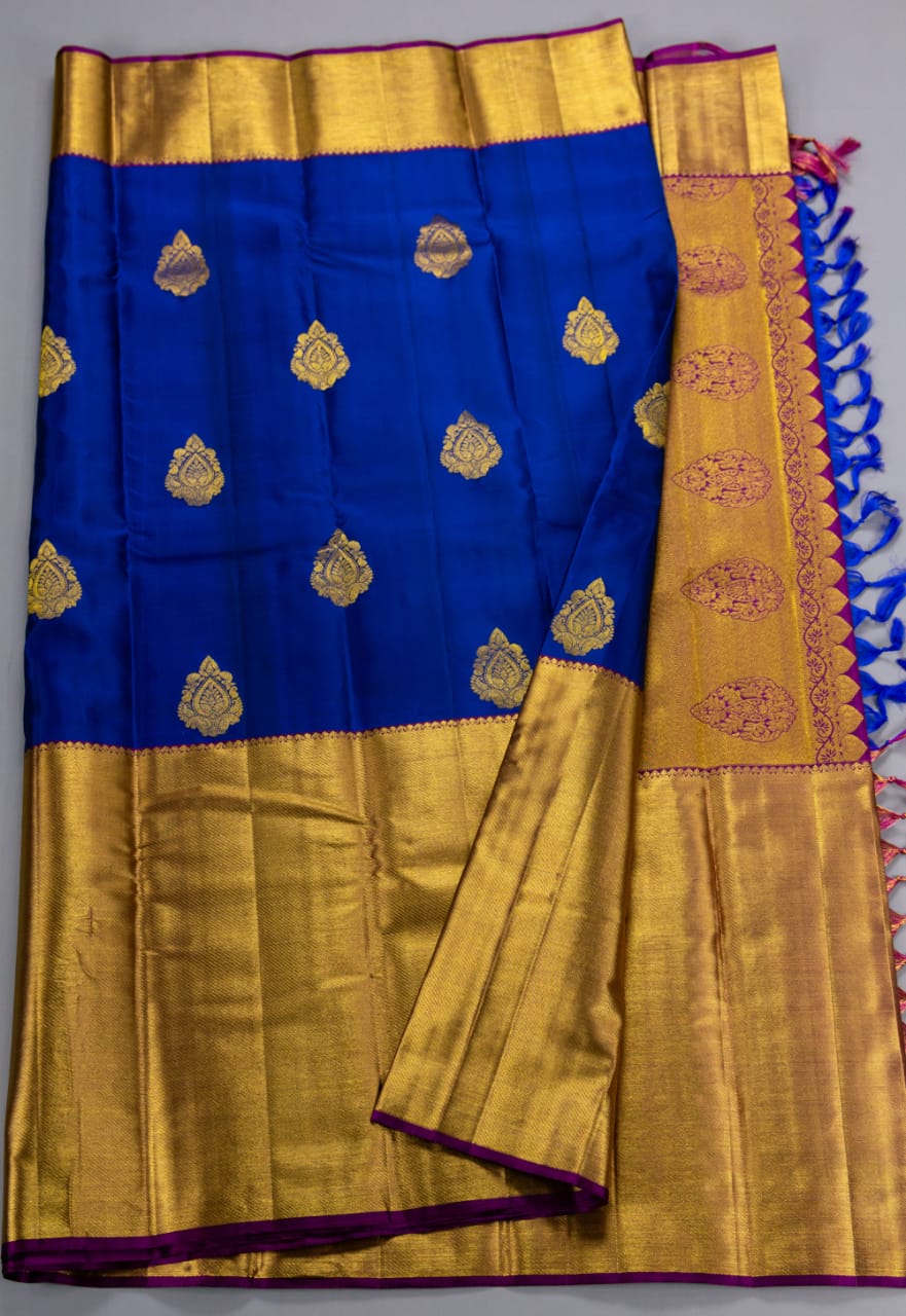 Pure Kanchipuram Pepsi Blue With Meganta Color Silk Saree