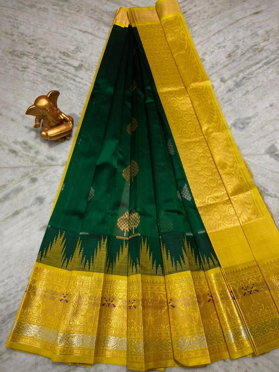 Pastel Green Yellow Pattu Silk Saree - Kala Kunj Saree Vatika