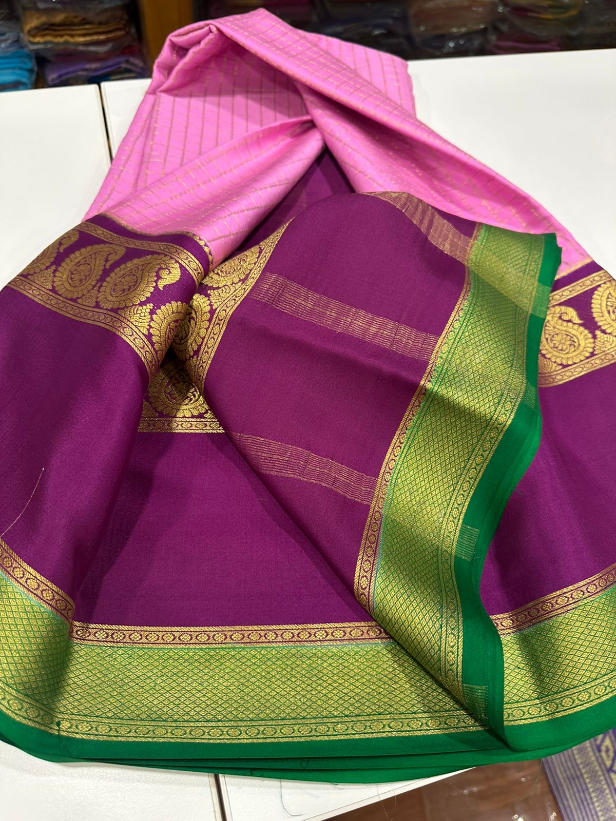 Pure mysore silk 120 grm 3 color combination saree