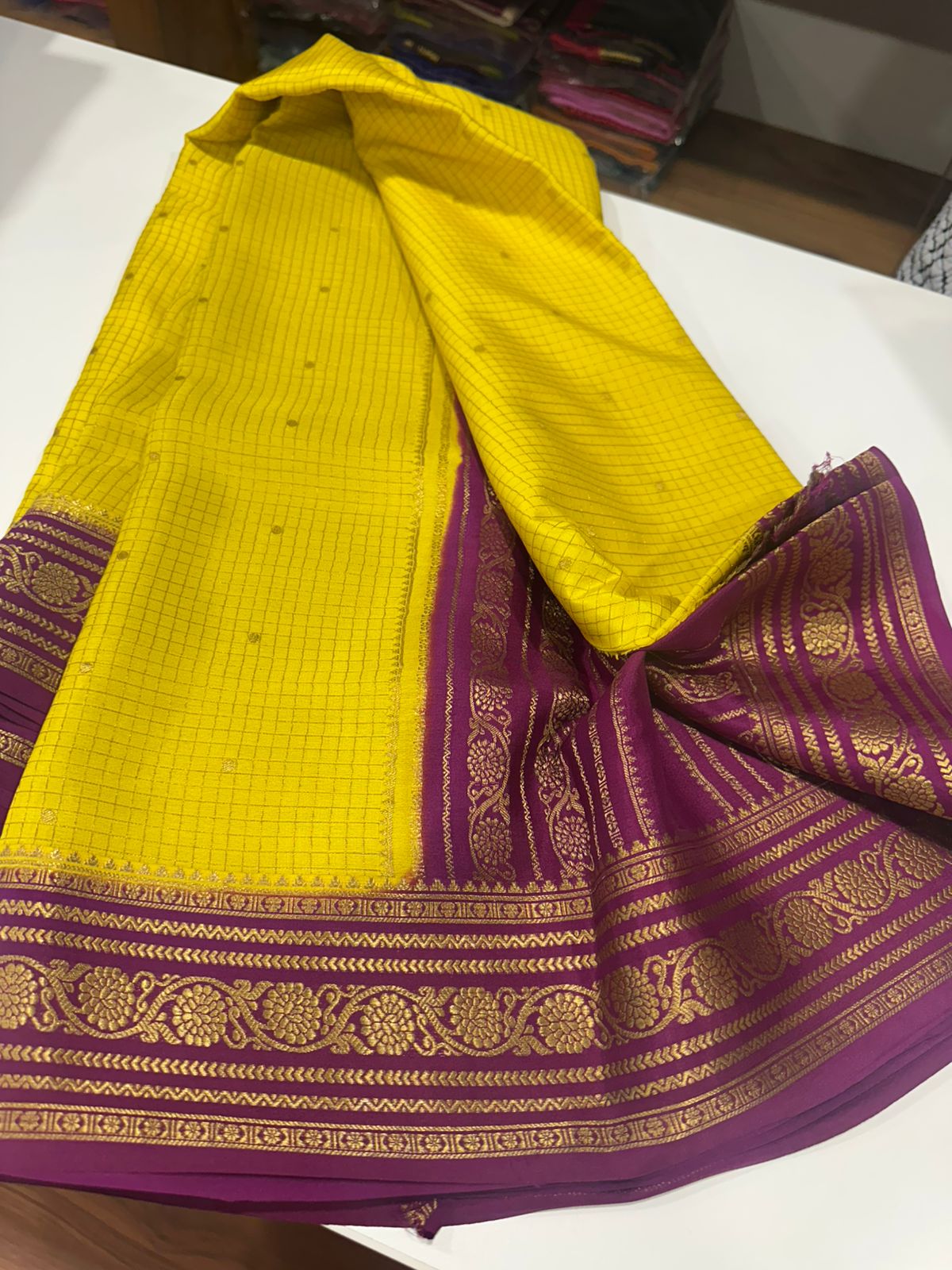 Pure mysore silk checked with butta work 120 grm thickness saree