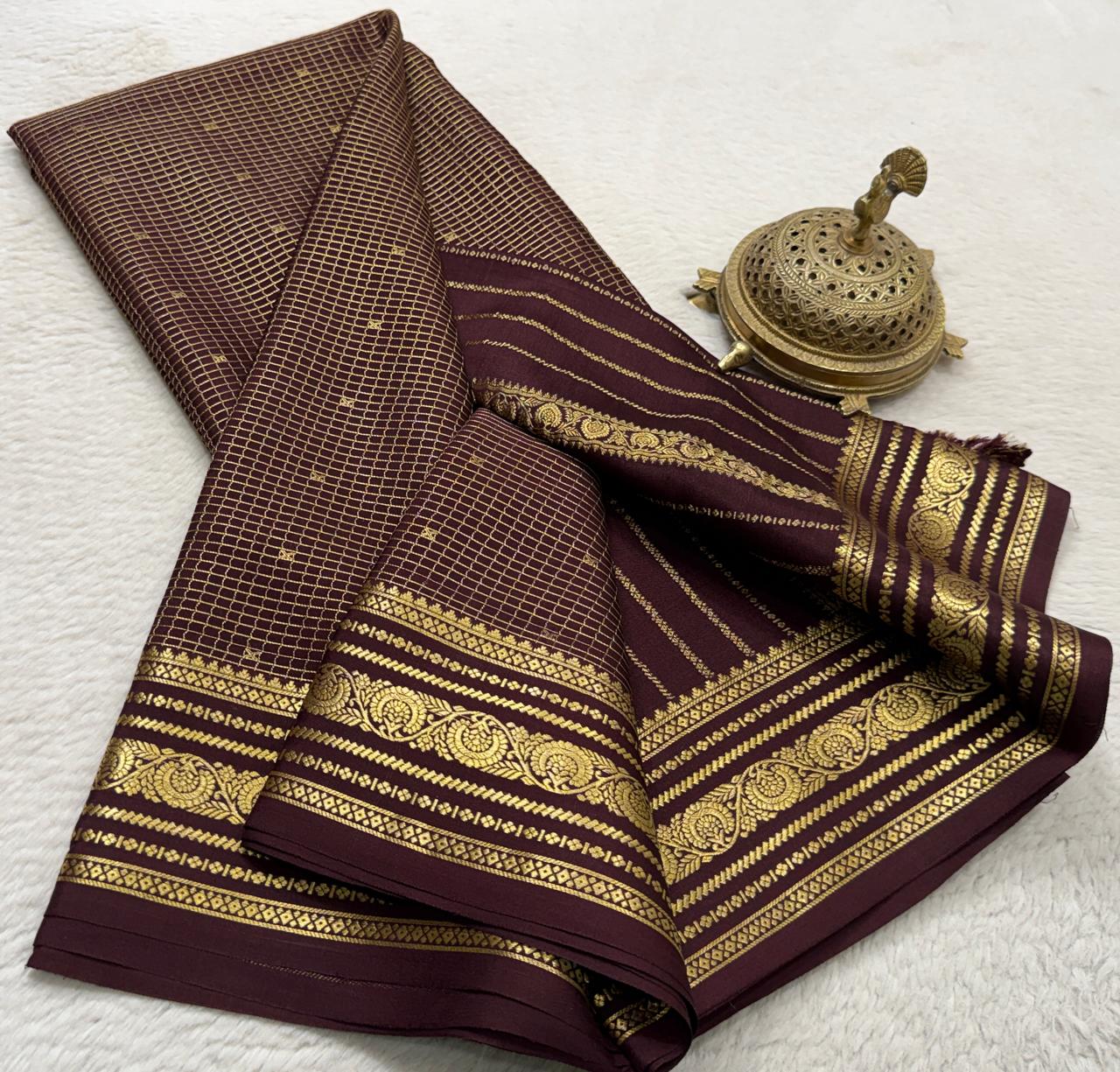 Pure mysore silk checked with butta work 120 grm thickness saree
