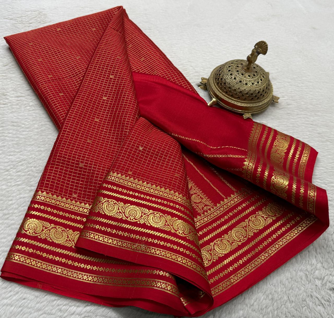 Pure mysore silk checked with butta work 120 grm thickness saree