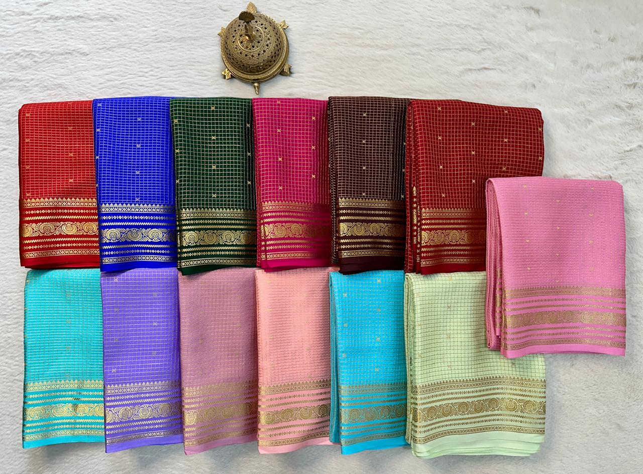 Pure mysore silk checked with butta work 120 grm thickness saree