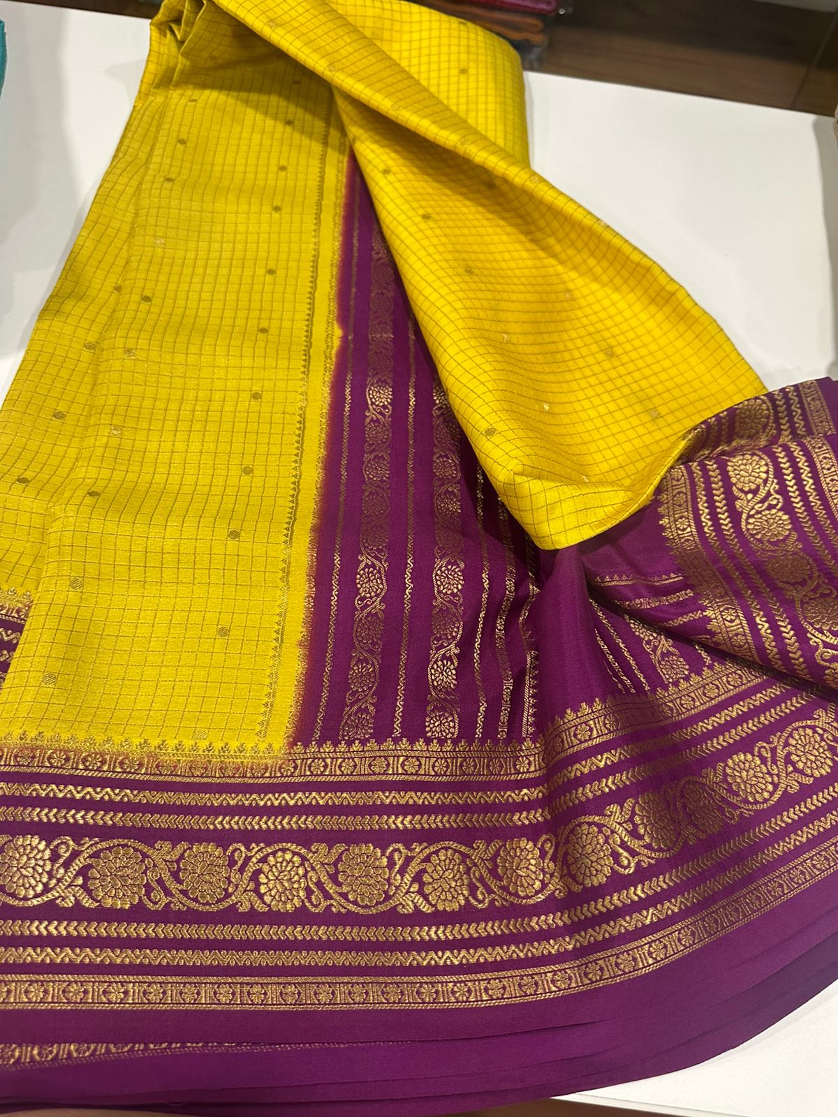 Pure mysore silk checked with butta work 120 grm thickness saree