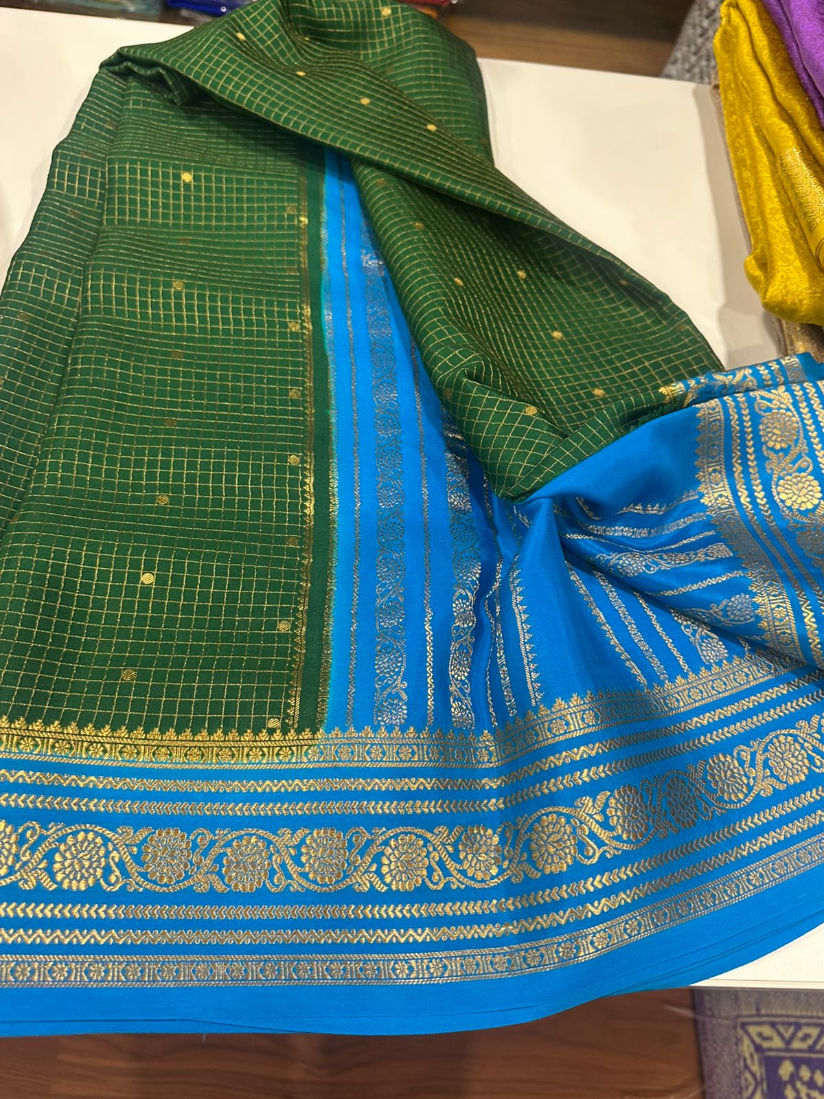 Pure mysore silk checked with butta work 120 grm thickness saree