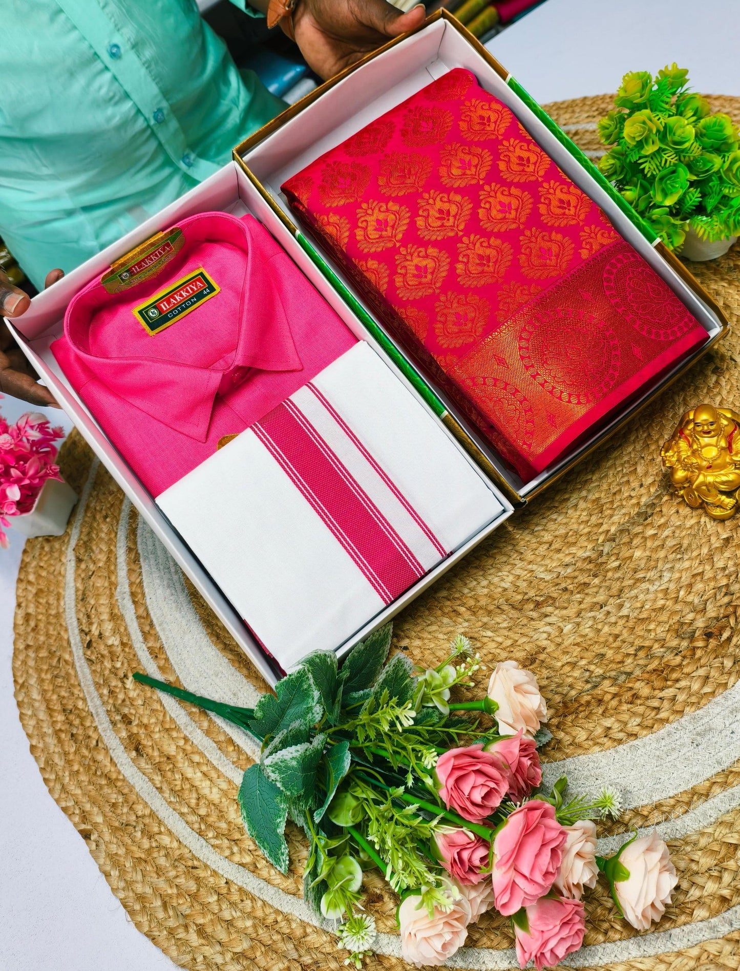 Semi Silk Saree & Cotton Dhoti Shirt - Couple Combo Set