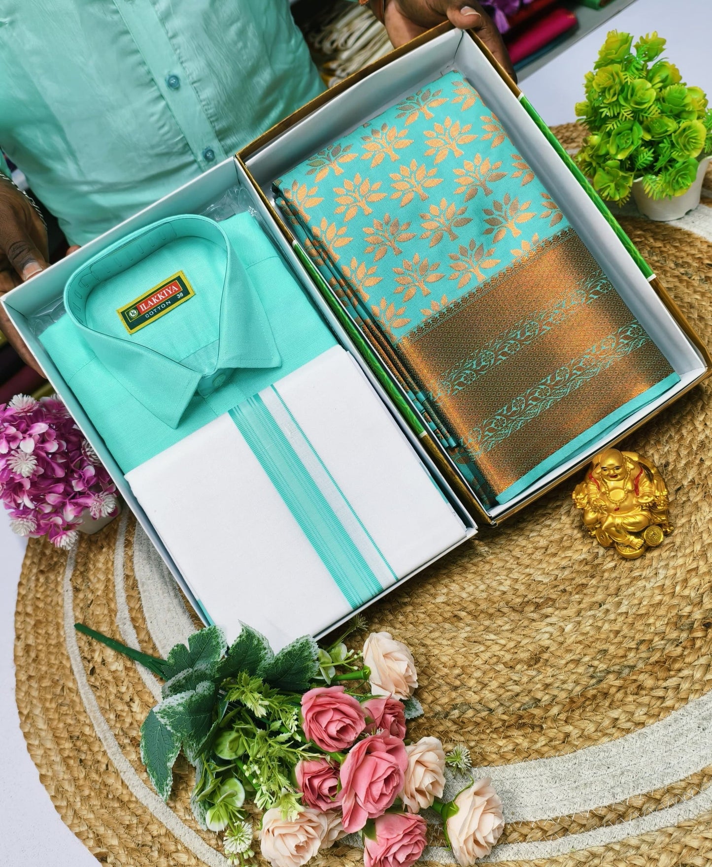 Semi Silk Saree & Cotton Dhoti Shirt - Couple Combo Set
