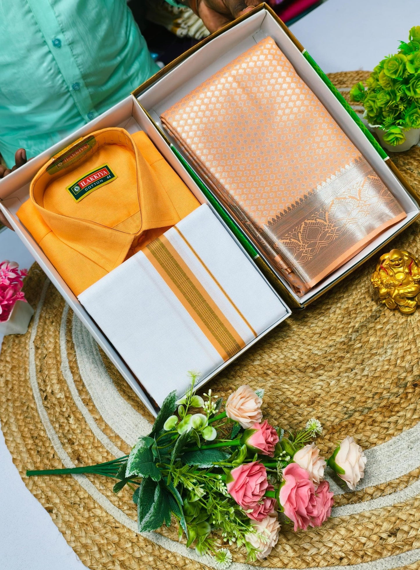 Semi Silk Saree & Cotton Dhoti Shirt - Couple Combo Set